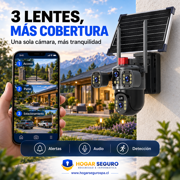 Cámara de Seguridad WiFi Exterior Solar 3 Lentes 12.000 mAh