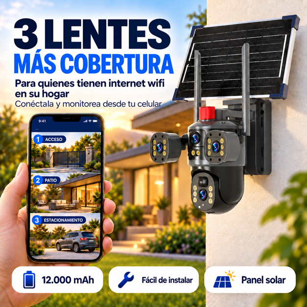 Cámara de Seguridad WiFi Exterior Solar 3 Lentes 12.000 mAh