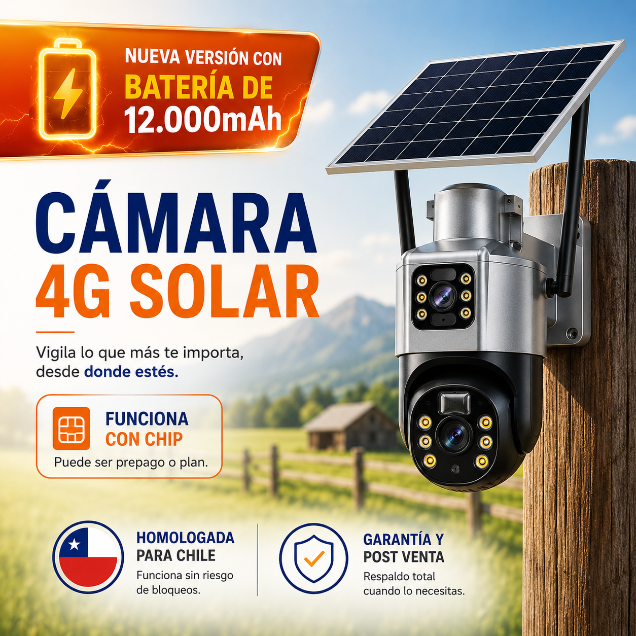 Cámara Solar Doble Lente Con Chip Compatible Con Redes Móviles De Chile